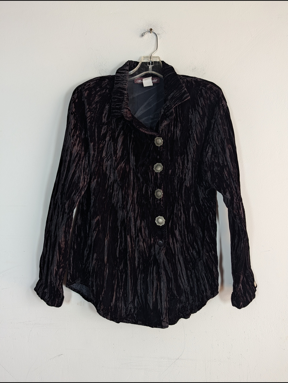 Alexander Campbell Vintage Black Velvet Button-Front Blouse, Size 14